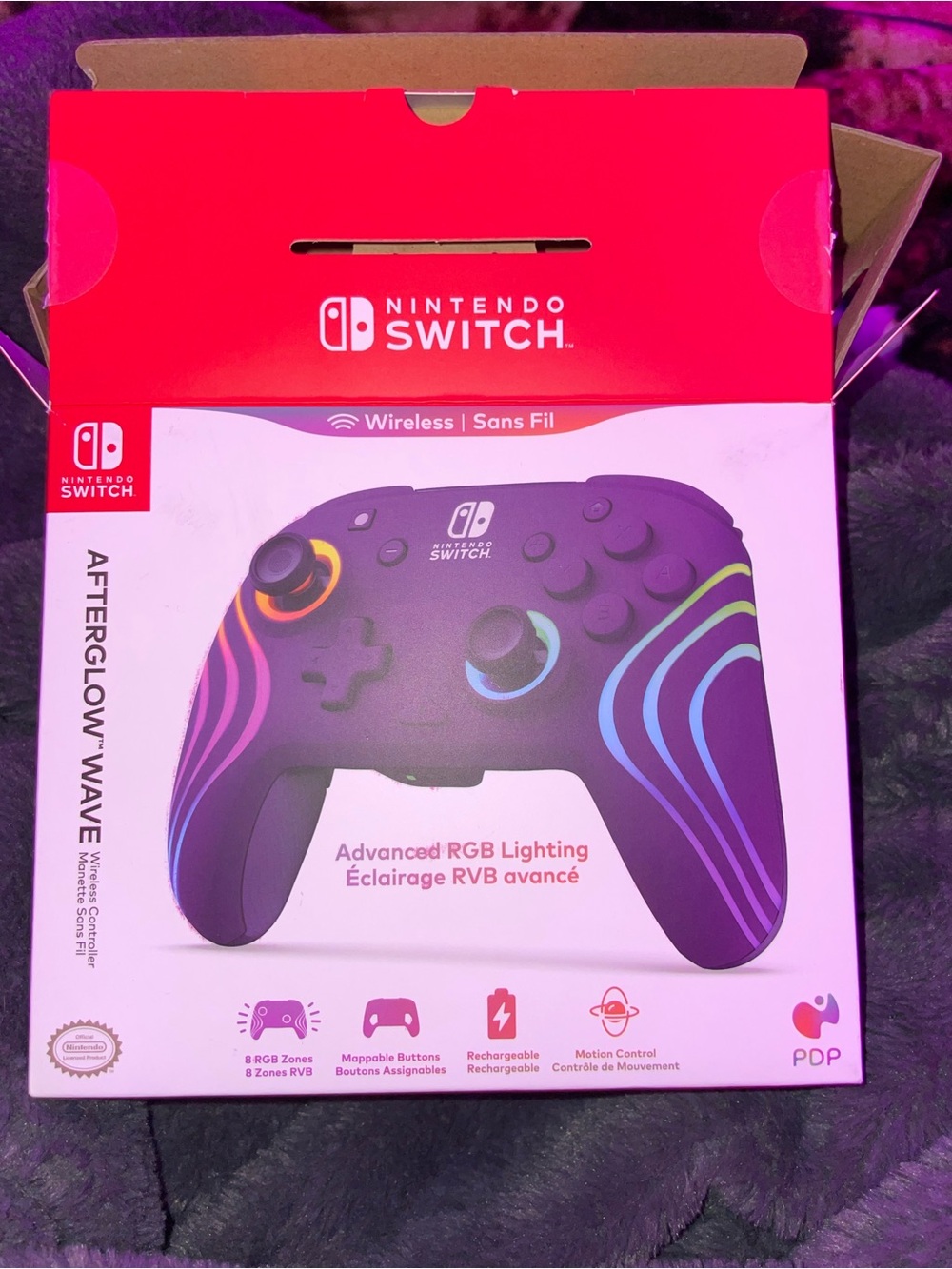 Nintendo Switch Purple Afterglow Wave Wireless Controller with Box and Charger